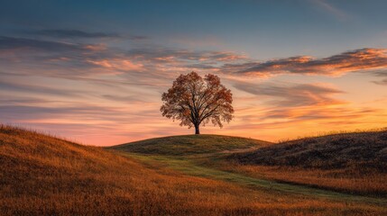 A lone tree is set against colorful autumn and a radiant evening sky on the hill