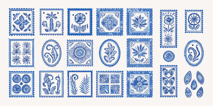 Collection of blue and white decorative floral and botanical elements in stamp shapes