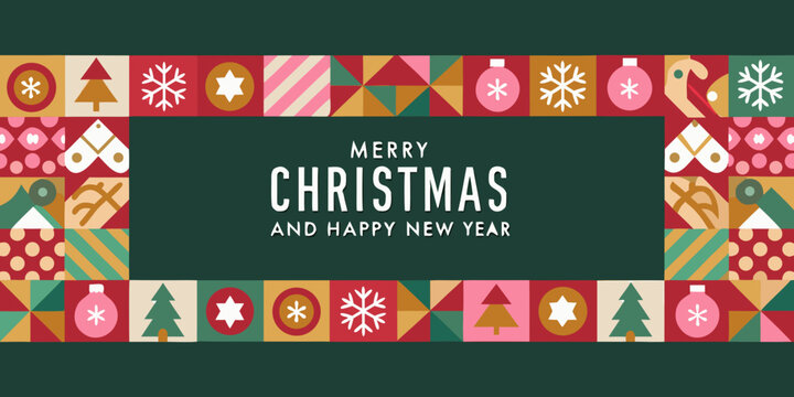 Merry christmas and happy new year greeting with a festive border of geometric patterns and holiday icons