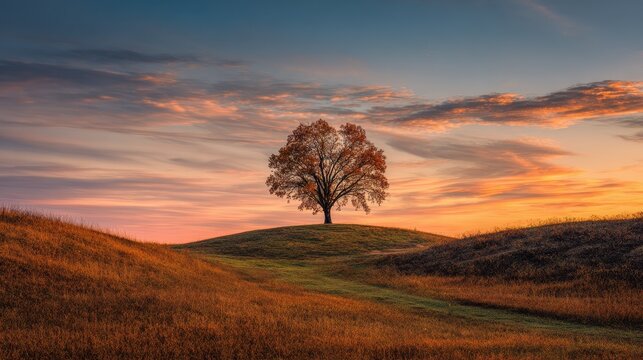 A lone tree is set against colorful autumn and a radiant evening sky on the hill - Powered by Adobe