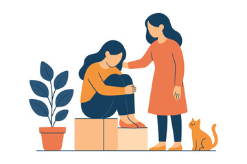 Woman comforting her sad friend by giving emotional support and care with kind gesture, flat vector illustration