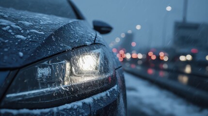 a closeup of a car headlight covered in ice and snow with traffic blurred in the background showcasing a winter driving scene