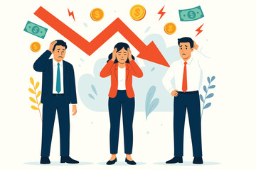 Worried business people facing financial crisis with falling red arrow and money loss flat vector illustration