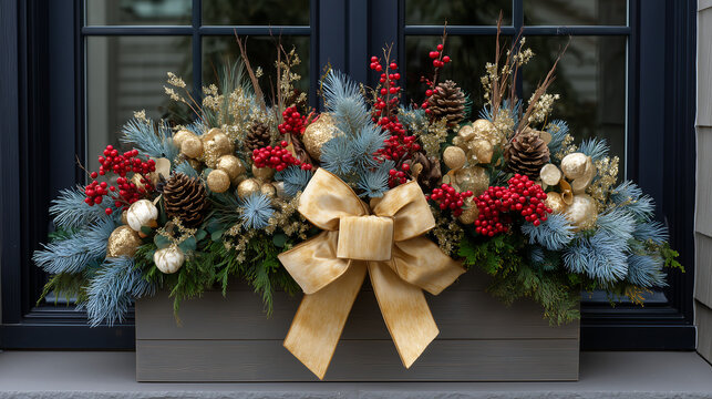 Luxurious Christmas window box, overflowing with a mix of blue spruce and white cedar. Bursting with clusters of red winterberries and hypericum berries, accented with gold-dipped pine cones and a wid