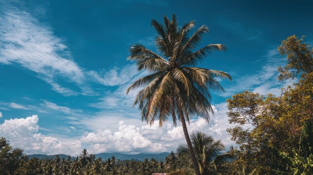 A lofty coconut tree rises beneath a clear sky surrounded by clouds and lush foliage embodying a warm breezy rural day
