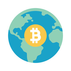 Bitcoin symbol on a world map, representing the global reach of cryptocurrency isolated on white background