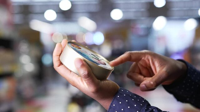 Close up of female hands holding can of canned food in store. Black woman reads label information, examines composition of product goods, looks at expiration date, makes choice picking in supermarket