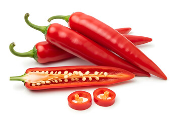 Red Chili Pepper: An alluring close-up of vibrant red chili peppers, with the inside detail, perfect for culinary and food imagery.