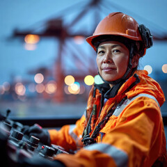 Pacific Islander woman dock worker operating machinery — strong feminist energy in port industry