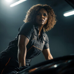 Black female mechanic in workshop — fierce portrait of feminist presence in auto repair industry