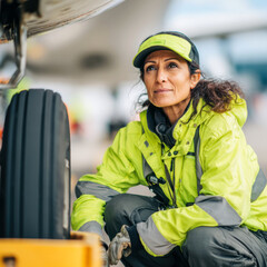 Middle Eastern female ground engineer at airport — proud feminist presence in aviation maintenance