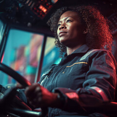 Confident Black woman operating crane in heavy industry — feminist force in male-dominated machinery