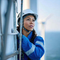 Woman on wind turbine platform looking over ocean — symbol of female leadership in clean energy fields
