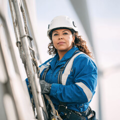 Latina woman working offshore on wind turbine — powerful portrait of female resilience and equality