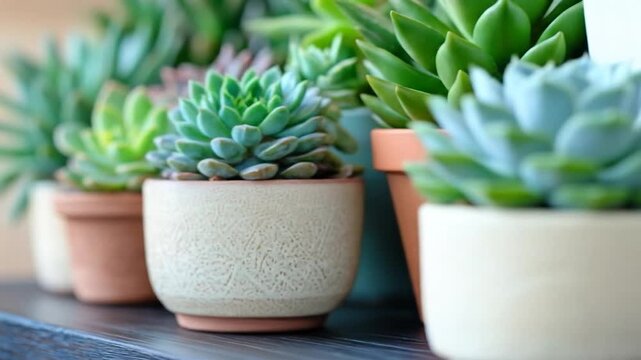 Assorted succulent plants in decorative pots on wooden surface with soft background light