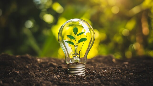 Small plant growing inside of a light bulb on soil, concept of clean energy