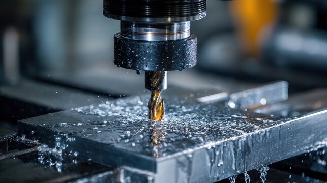 A machine is accurately slicing a large metal piece with a specific drill bit crucial for many engineering fields