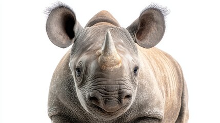 Obraz premium A young black rhinoceros poses against a clean white background for a conservation portrait