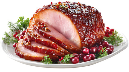 Christmas ham with glaze and garnish isolated on white background