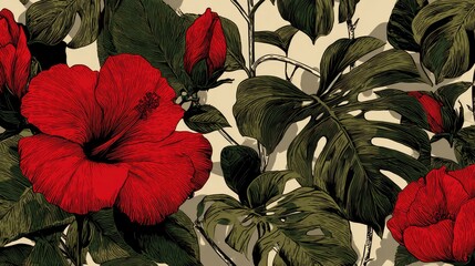 Vibrant red tropical flowers and dark green foliage repeat across a light background in a stylized botanical pattern.