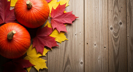 Two orange pumpkins and fall foliage on a wooden table, suggesting harvest abundance, seasonal change, and autumn holiday decor with free space for text