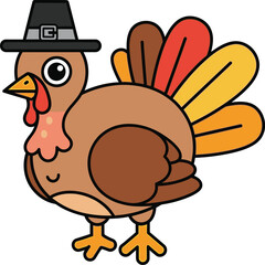 Cartoon turkey wearing a pilgrim hat