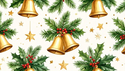 Christmas themed seamless design with bells mistletoe and stars