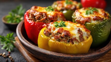 Baked peppers filled with ground meat Tasty stuffed peppers detailed view backdrop High resolution image