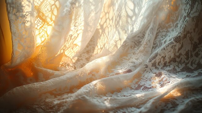 Delicate cascading lace with soft, golden light creating intricate patterns - Powered by Adobe