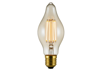 Isolated decorative light bulb with vintage style filaments and brass base, design element