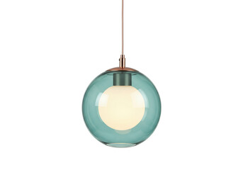 Isolated modern teal glass pendant light, hanging from ceiling with copper base and cord, indoors
