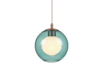 Isolated modern teal glass pendant light, hanging from ceiling with copper base and cord, indoors
