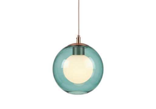 Isolated modern teal glass pendant light, hanging from ceiling with copper base and cord, indoors