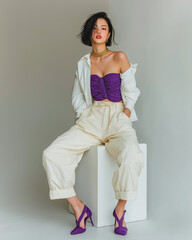 Attractive Asian Model Sitting Seductively in Purple Corset Top, Cream Pants, and White Shirt
