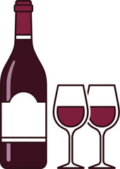 Wine bottle and two glasses, vector illustration