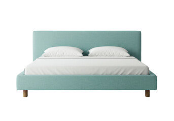 Isolated aqua upholstered bed with light wood legs, clean bedroom furniture, modern decor