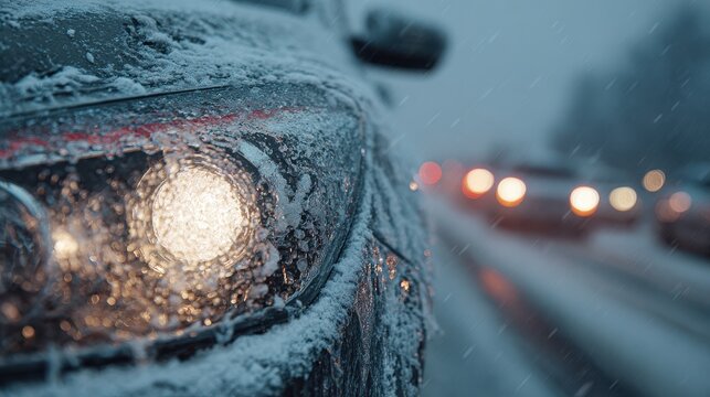 a closeup of a car headlight covered in ice and snow with traffic blurred in the background showcasing a winter driving scene