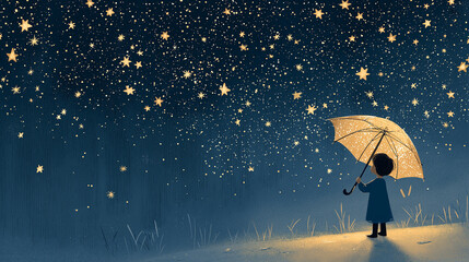 A child standing under a glowing umbrella of stars 