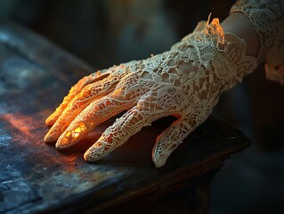 Illuminated lace glove resting upon a dark weathered surface for magical effects