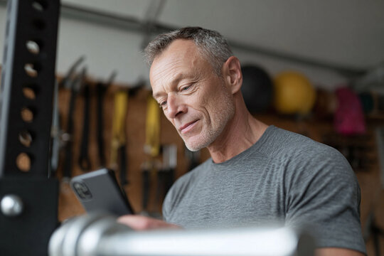 Mature man using a smartphone in a home gym setting. Could represent fitness technology, online workout programs, or staying connected. Authentic and relatable.