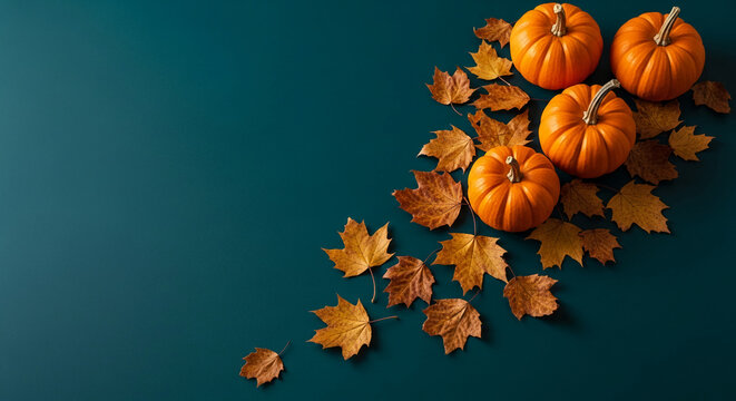 Four orange pumpkins and dry leaves on the dark teal background, creating autumn arrangement, representing harvest, Thanksgiving, and autumnal season