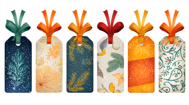 Christmas tag set with ribbons and festive designs isolated on white background