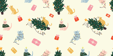 Christmas cats seamless pattern. Cute kittens with tree and gifts
