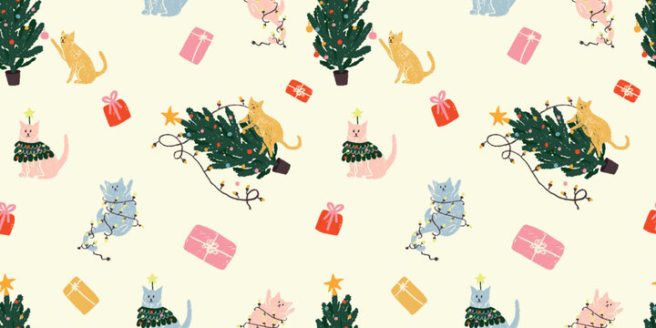 Christmas cats seamless pattern. Cute kittens with tree and gifts