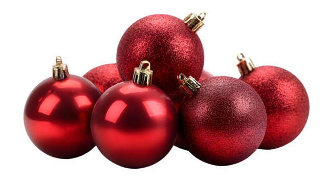 Classic red baubles for holiday tree decoration isolated on white background