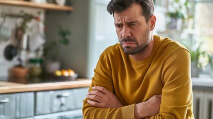 Man experiencing discomfort due to stomach pain and seeking relief and solutions