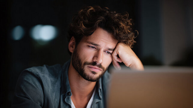 A thoughtful, attractive man gazes intently at a computer screen in the dim light, evoking feelings of concentration, fatigue, or latenight work. Perfect for portraying focus, stress, or dedication.