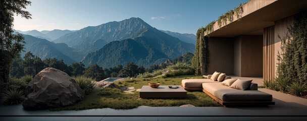 Expansive mountain views meet modern luxury in this serene outdoor living space, blurring the lines between architecture and nature's beauty.