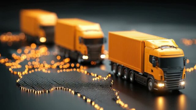 Three yellow semi-trucks, one in sharp focus, on a dark surface with glowing lines