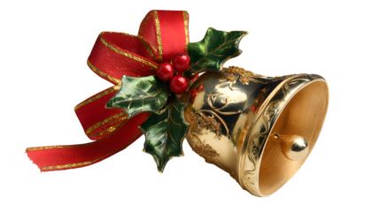 Christmas bell ornament decorated with holly leaves and ribbon isolated on white background